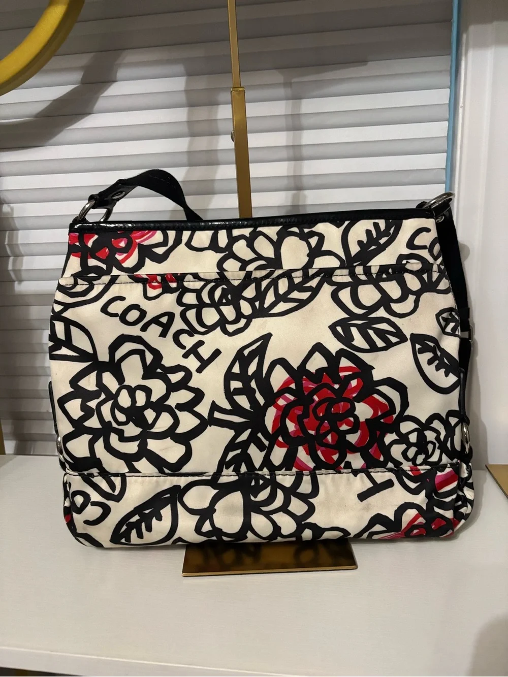 Coach Cream Canvas Crossbody with Black Floral Outline and Red Accents